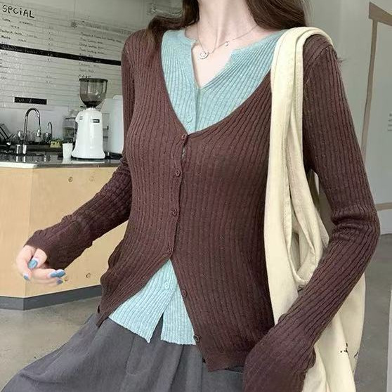 高级感拼色假两件针织衫女秋季修身内搭毛衣开衫巨好看的长袖上衣|undefined