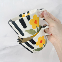 Korean Export Designer Recommended Hand-Pressed Ceramic Mug Striped Yellow Small Flower Cup Creative Water Cup
