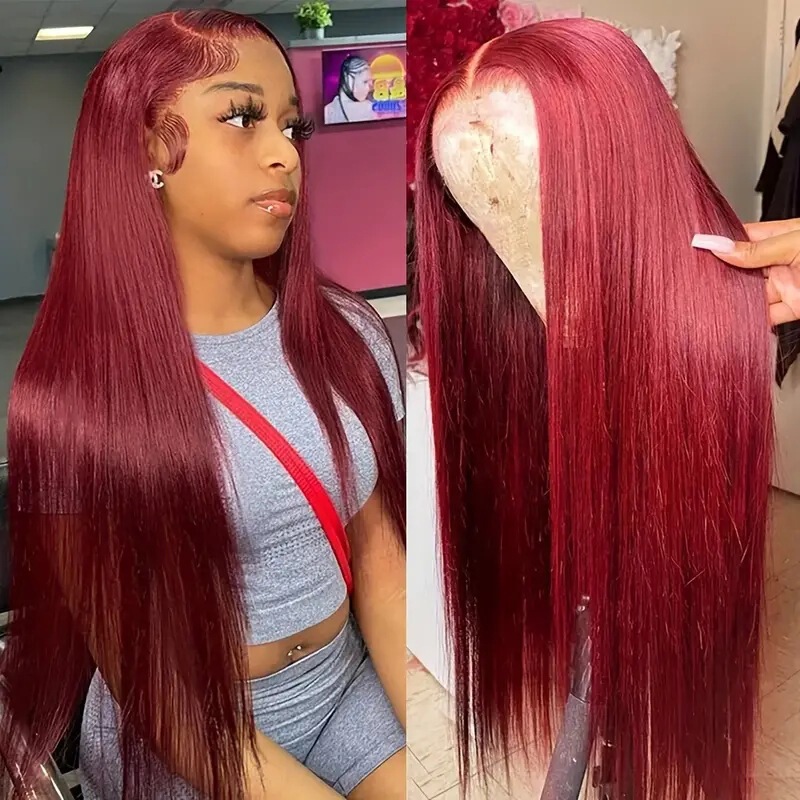 Cross-border foreign trade European and American fashion wine red long straight hair Amazon hot front lace straight chemical fiber wig headgear