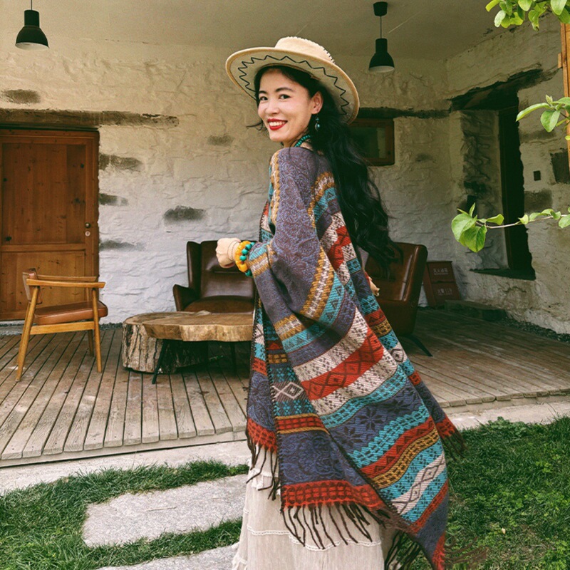 in stock Xinjiang Tourism Wear Ethnic Style Warm Grassland Color Matching Knitted Shawl Photo Tassel Cape Scarf