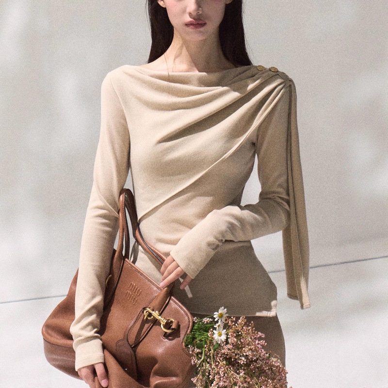 Oakmoo Oak Moss Wrap-Style Long-Sleeve Slim-Fit Soft Knit Sweater Base Layer for Women in Autumn and Winter with Waist-Cinching Design