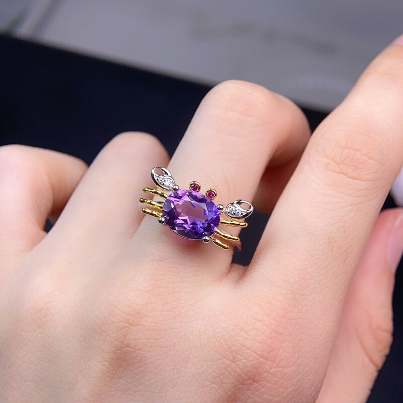 Pure Natural Amethyst Ring Women's Bare Stone Size: 8*10mm High-Grade S925 Sterling Silver Inlaid Ring