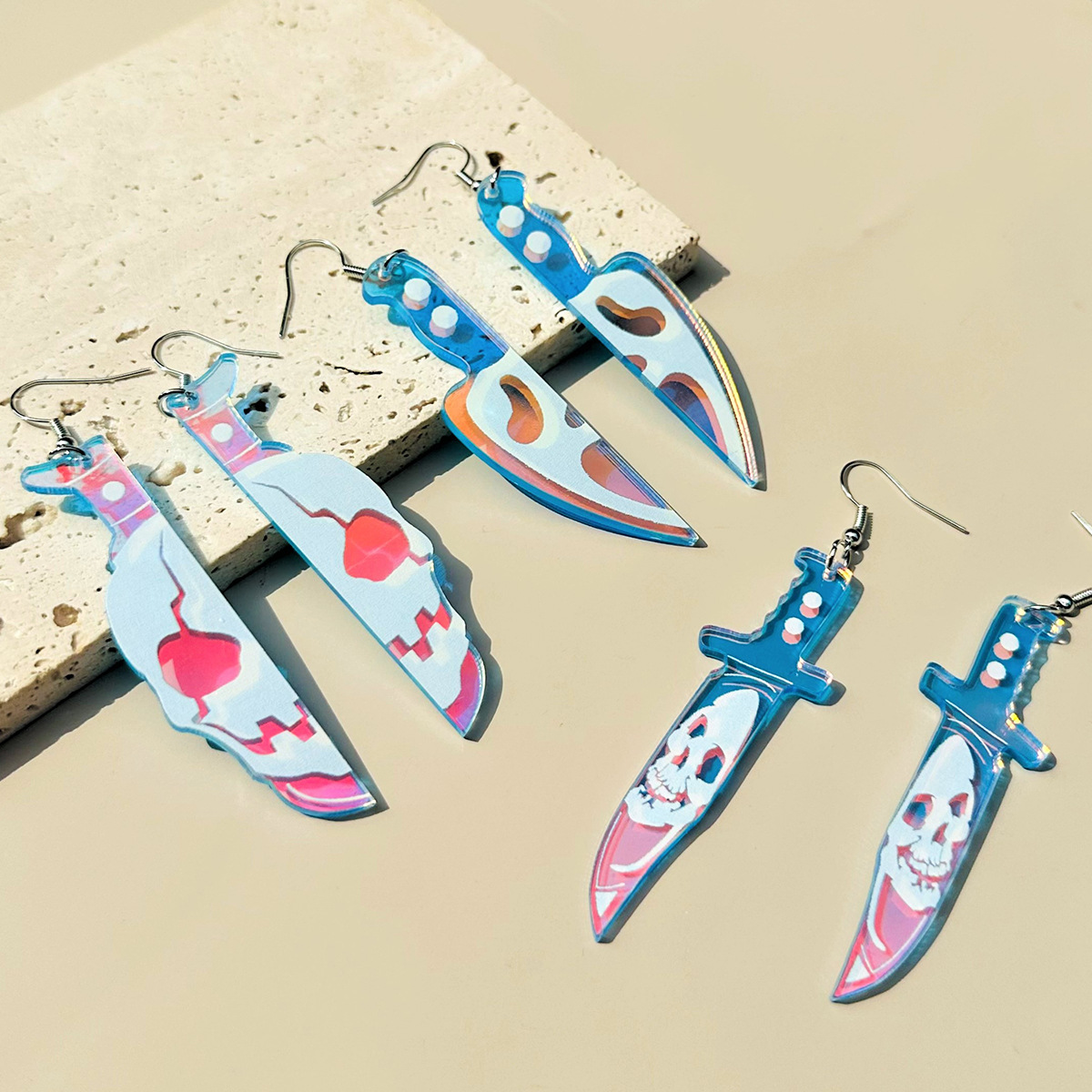 5g Weight Iron Ear Needle Material 1 Pair Funny Blade Skull Ghost Asymmetrical Laser Acrylic Women's Drop Earrings Earrings