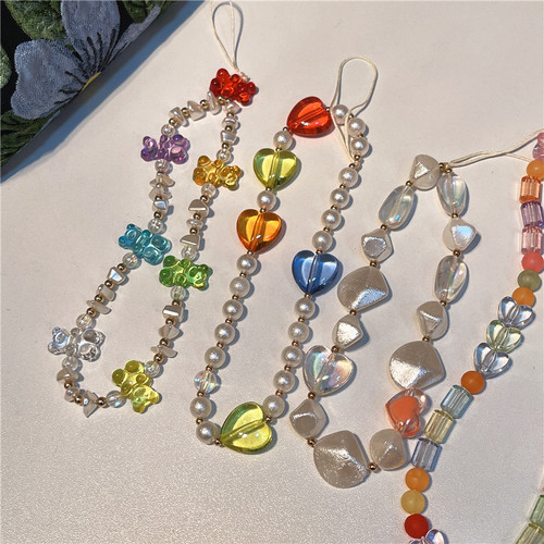 Korean version of the new mobile phone chain ins style beaded bear love mobile phone lanyard short pearl pendant mobile phone rope for women