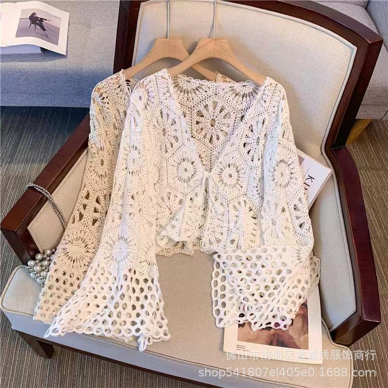French Crochet Hollow Knit V-Neck Cardigan for Women, New Summer Camisole Dress with Bell Sleeves Top