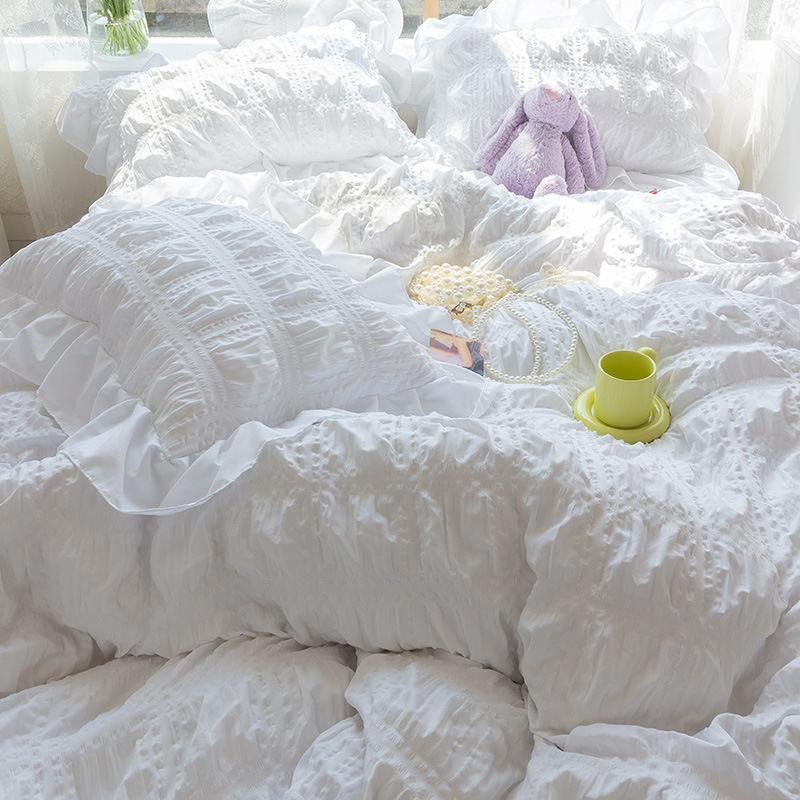 跨境夏季韩式华夫格泡泡纱花边四件套纯色床单被套宿舍三件套批发