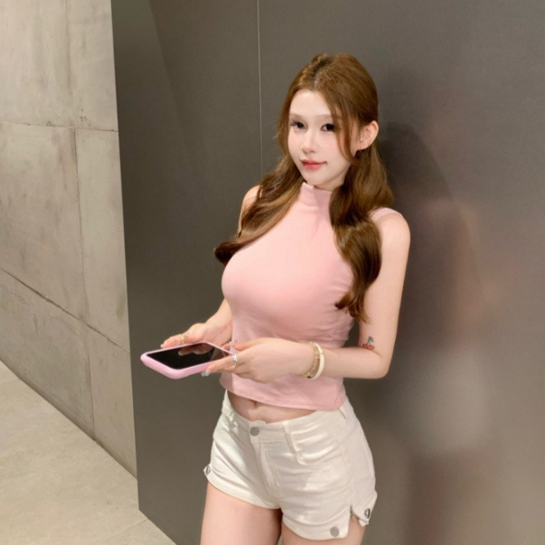 8740 # Summer New Style Hot Girl Style High-Neck Sleeveless Solid Color Patchwork Vest Slim Fit Women's Top with Fixed Chest Pads