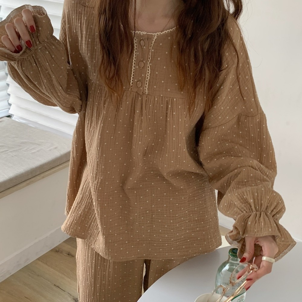 2025 primavera coreana INS estilo pijama de mujer manga larga punto ondulado borde de hoja de loto suelto gran cuello redondo ropa de hogar conjunto de transmisión en vivo