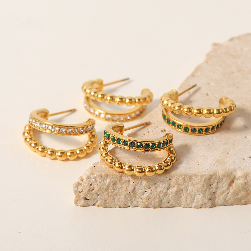 10g Weight Vacuum Plating Gold Plating Process 1 Pair Fashion C Shape Inlay 316 Stainless Steel Artificial Diamond Hoop Earrings