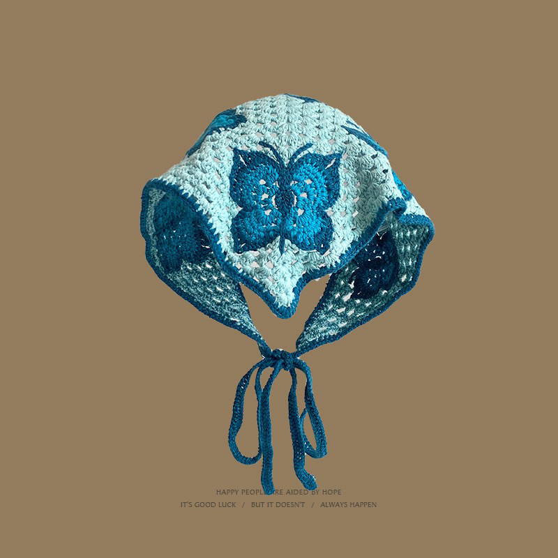 Pañuelo triangular de ganchillo hueco de mariposa azul, cinturón para el cabello de mujer, bolsa de viaje delgada de primavera y verano, sombrero para la cabeza, sombrero para el pañuelo de moda de todo fósforo