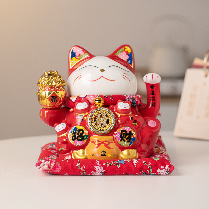 8inch 전동 셰이커 행운의 고양이(선물 상자 + 천 패드 포함) 빨간색 행운의 고양이(금 양동이)