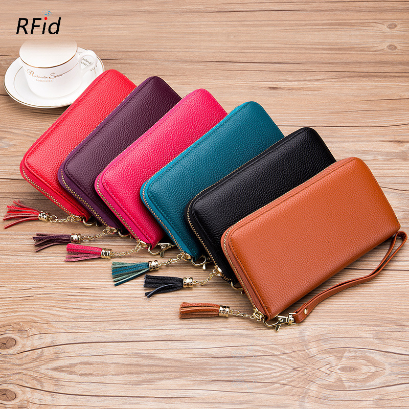 Multi-compartment wallet purses for women, ladies' tassel top-layer anti-theft zipper, European and American genuine leather RFID wallet