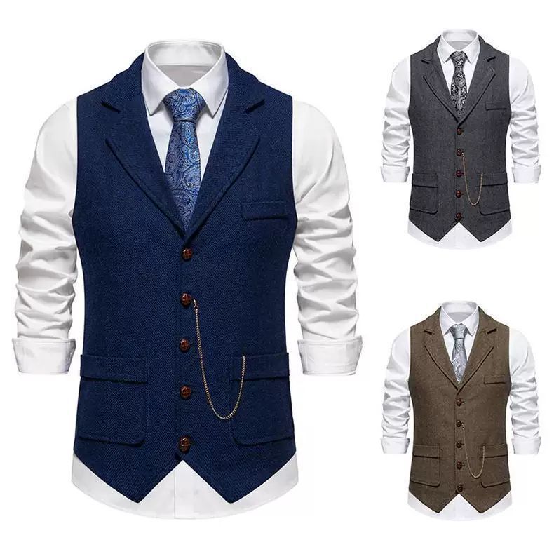 Japanese Retro Twill Tweed Lapel Single-Breasted Casual Vest for Young and Middle-Aged Men, Plus Size British Gentleman Vest Japanese Retro Twill Tweed Lapel Single-Breasted Casual Vest for Young and Middle-Aged Men, Plus Size British Gentleman Vest