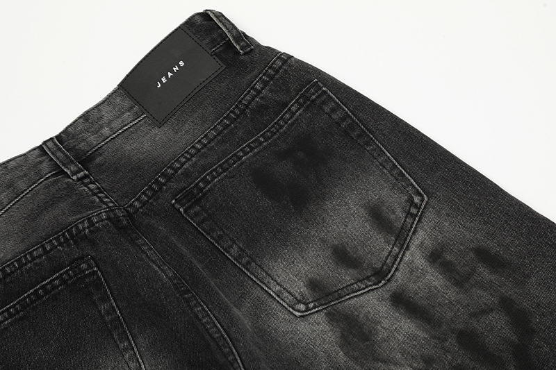 Unisex High Street Distressed Whiskered Ripped Black Jeans American Style Vibe Washed Straight Leg Slightly Flared Hip Hop Floor Length Pants_mkmklike.com