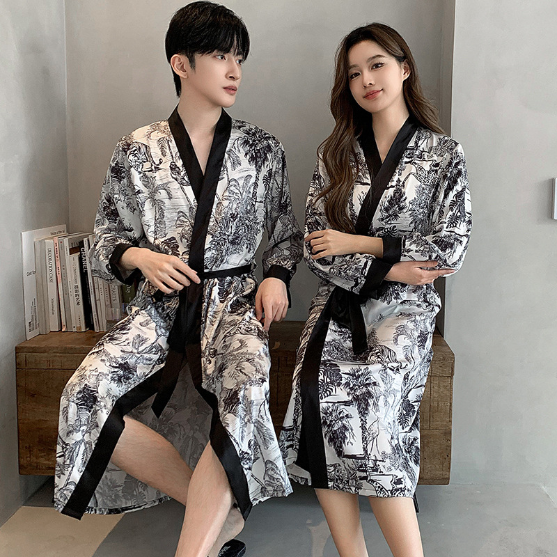 Long Sleeve Silk Couples Bathrobe Women's Nightgown Spring and Autumn Ice Silk Loose Long Internet Popular Morning Gown Ink Pajamas for Men