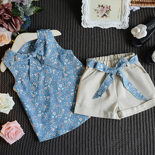 5973 foreign trade summer new product Korean style children's suit girls floral sleeveless vest and shorts two-piece children's clothing set