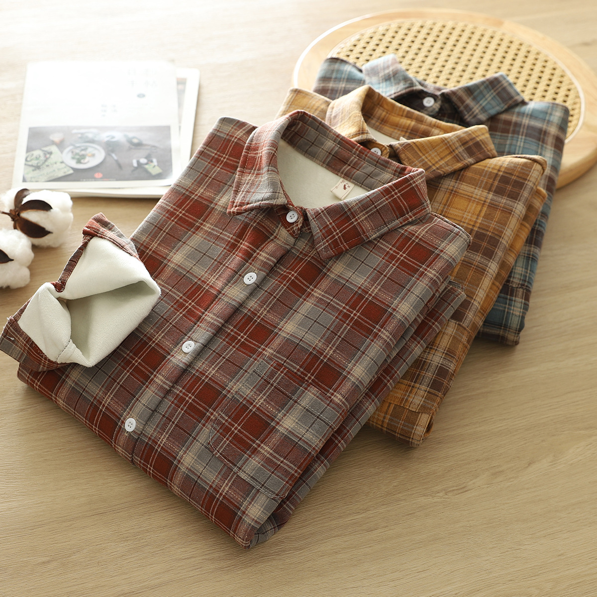 9932通勤格子加绒加厚保暖衬衫 女2024冬季新款休闲打底衬衣