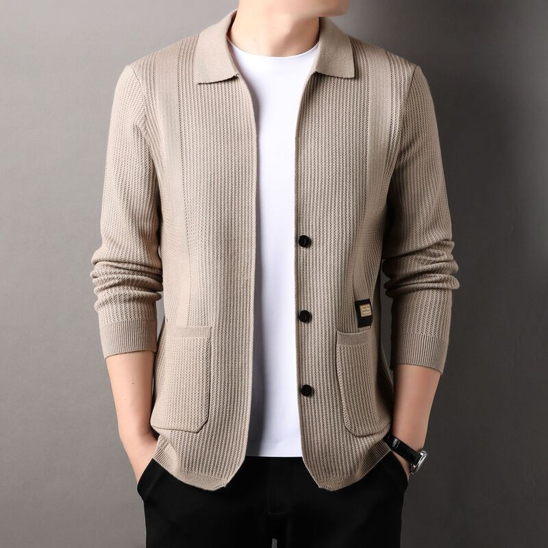Cross-border middle-aged men's turn-down collar knitted cardigan, autumn Korean-style slim-fit sweater jacket, comfortable casual long-sleeve coat Cross-border middle-aged men's turn-down collar knitted cardigan, autumn Korean-style slim-fit sweater jacket, comfortable casual long-sleeve coat