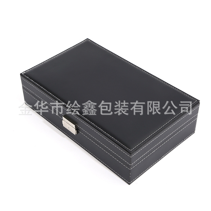 En stock al por mayor de cuero negro reloj joyería caja collar anillo con espejo cosmético joyería caja de almacenamiento caja de reloj