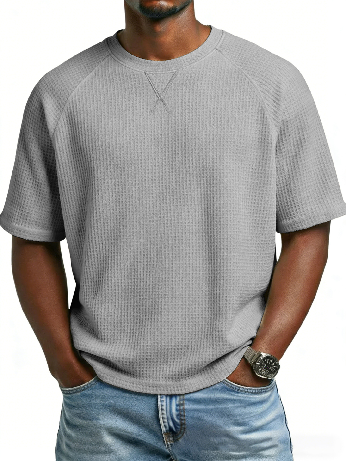 Europa y los Estados Unidos primavera y verano estación independiente transfronteriza hombre waffle de punto de manga de hombro cuello redondo TK manga corta camiseta de comercio exterior de hombre