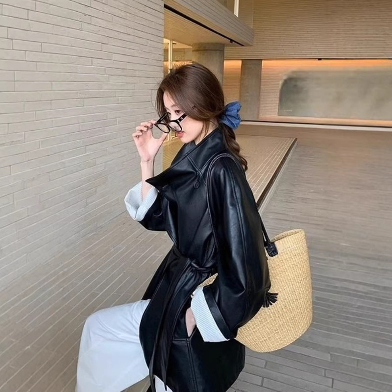 New Plus-Size Leather Jacket High-End Autumn Retro Lace-Up Waist-Cinching Coat Women's Suit Style Trench Coat Mid-Length