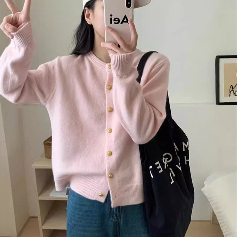 2025 Spring and Autumn New Loose Round Neck Knitted Cardigan Top Korean Style Casual Small Gold Button Soft Waxy Sweater Jacket for Women