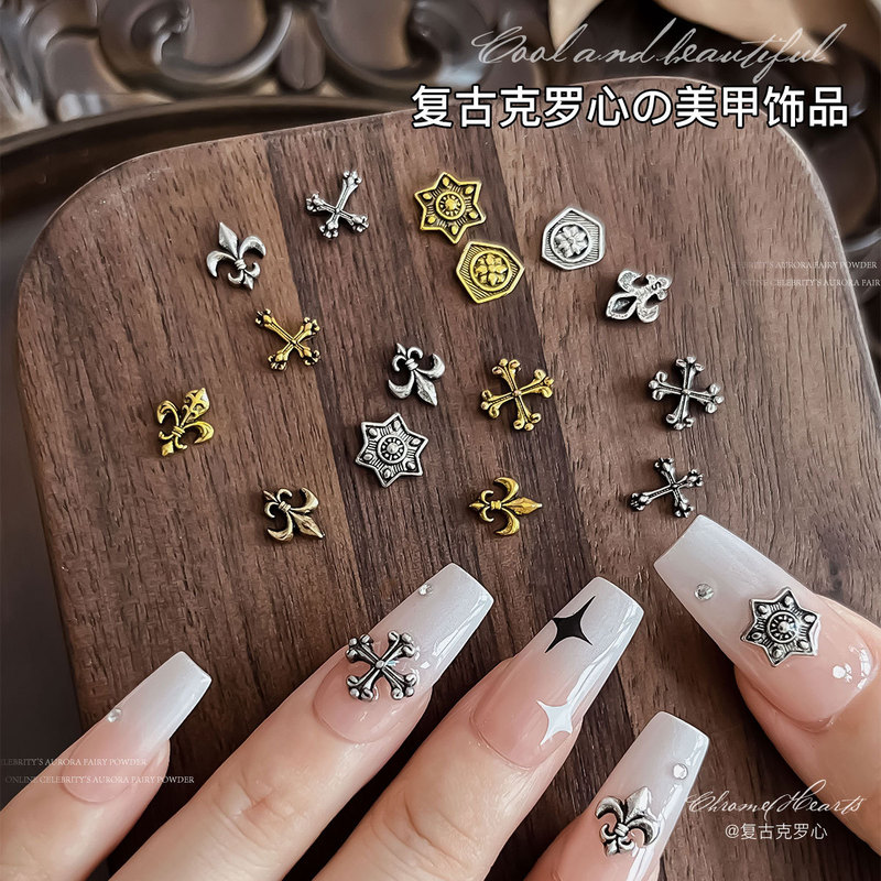 Crow Heart Nail Art Gold and Silver Star Jewelry Retro Punk Style Cross Anchor Nail Drill Internet Celebrity Decoration Wholesale
