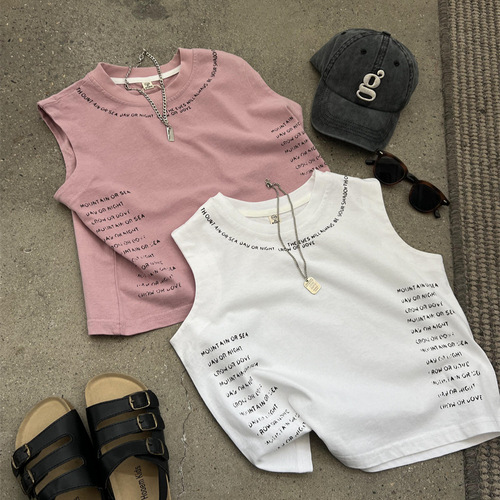 2024 Summer Loose American Letter Tank Top for Boys and Girls, Bright Color Round Neck Trendy Cool No Sleeve Linen Cotton T-Shirt