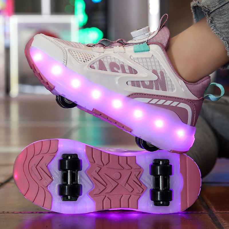 Four-Wheel Detachable Double-Wheel Children's Student Heelys Roller Skates with Lights, Rechargeable Adult Boys' and Girls' Shoes with Flashing Deformation