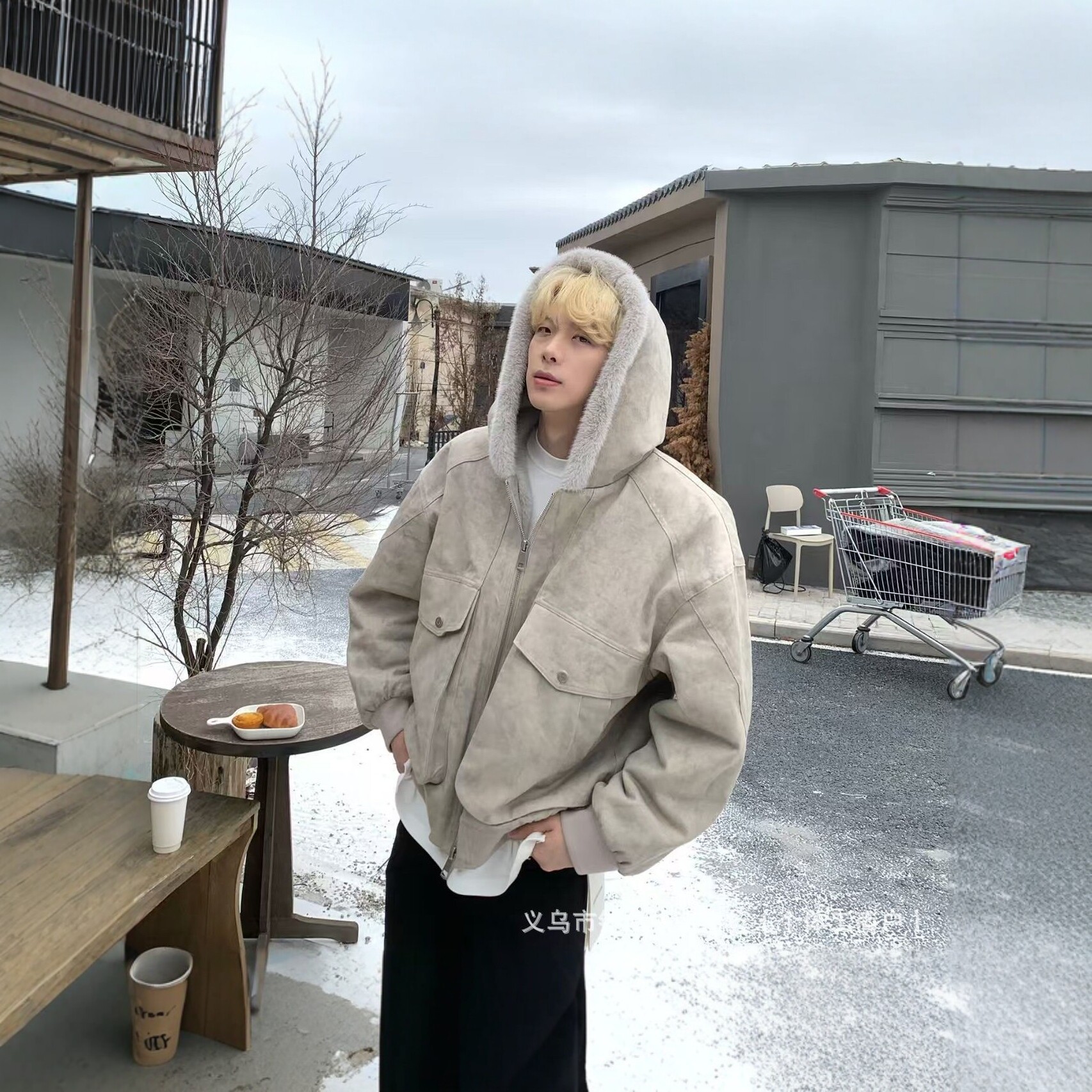 美式水洗帆布羊羔绒座山雕外套男款秋冬加厚短款工装连帽夹克棉服