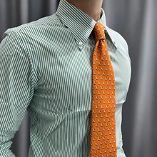 商务绿色高棉弹力英式尖领扣领绅士男士修身细条纹长袖衬衫学院