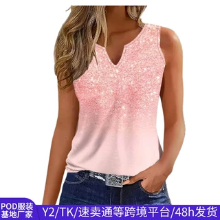 欧美跨境新款V领无袖印花背心夏季性感辣妹风修身显瘦上衣女装