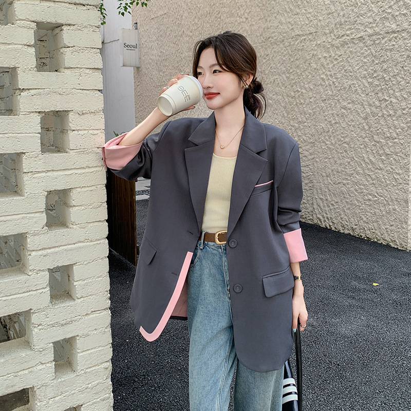 Real Shot of Gray Fashion Color-Blocking Blazer for Women, Spring and Autumn 2026 New Style, Loose Fit, Elegant and High-End Feel