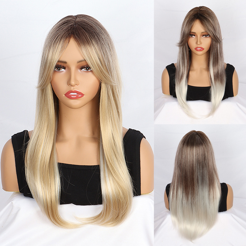 Peluca tocado femenino de ocho caracteres flequillo dorado degradado cabello largo y liso rizado cola de cabello comercio exterior europeo y americano tocado de seda de alta temperatura