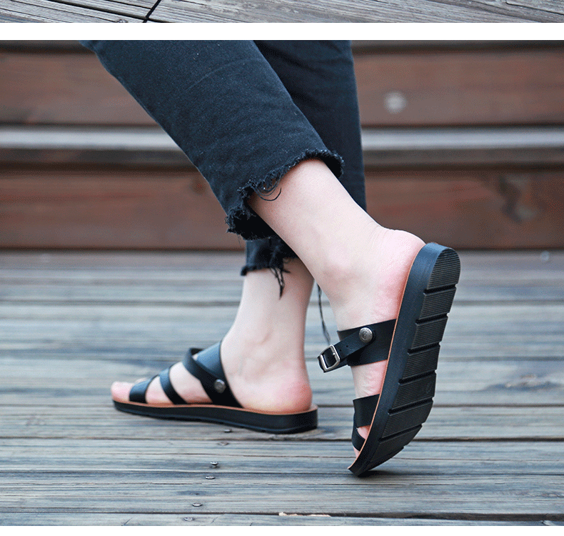 Dép sandal nữ quai ngang đế bằng, dép đi biển thoáng khí mùa hè — Màu vàng, Nâu Đen chi tiết 13