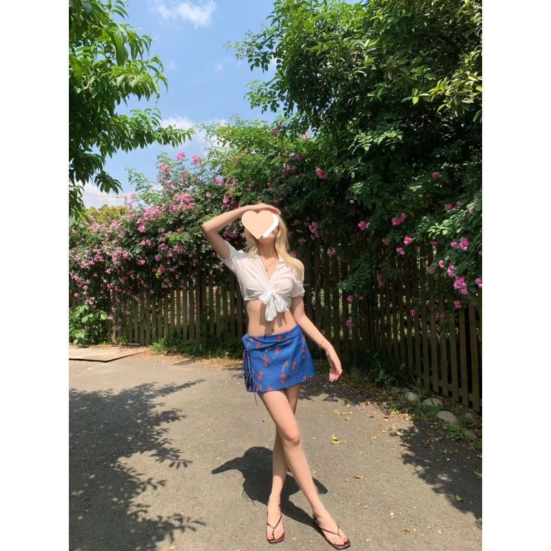 套装女2025夏季新款欲风绑带短款衬衫上衣高腰蓝色碎花半身裙潮|undefined