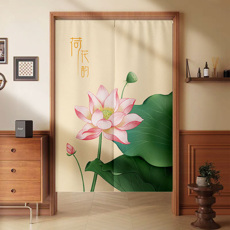 Lotus Leaf Door Curtain Partition Curtain, Chinese-Style No-Drill Blocking Curtain, Bedroom Hanging Fabric Curtain, Kitchen Bathroom Cotton Linen Door Curtain