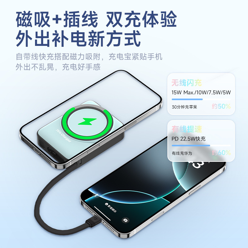 跨境私模自带线磁吸无线充电宝10000mAh彩色迷你支架快充移动电源|undefined