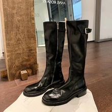 水洗牛皮~真皮黑色复古长靴百搭显瘦粗跟骑士靴女长筒靴高筒靴子