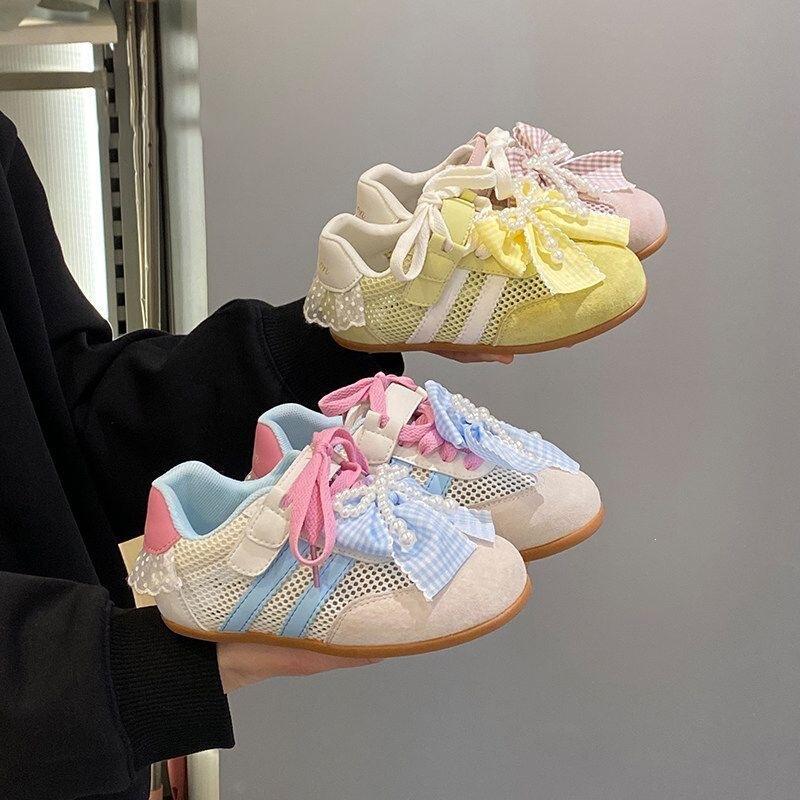 Girls' Summer New Style Single Mesh Sneakers with Sweet Bowknot, Korean Fashion Casual Sports Shoes