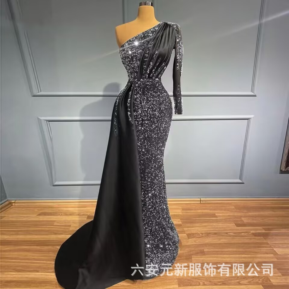 Europa y los Estados Unidos comercio exterior Amazon AliExpress Wish damas veludo largo un hombro de manga larga satén de cola de pescado vestido de boda