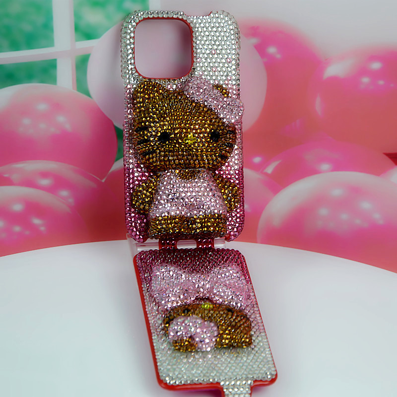 Applicable to iPhone 1314proMax flip Pink Gradient standing posture Brown KT cat Apple phone case Rhinestone