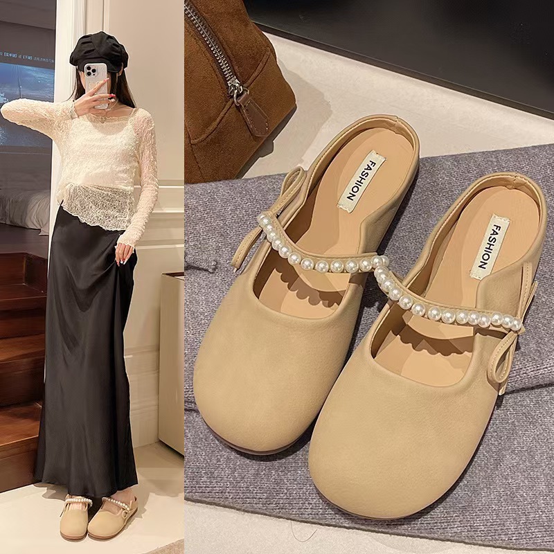 2025 Summer Fashion Pearl Women's Half-Slip Sandals with Pearl Bowknot, Comfortable Soft Sole Flat Closed-Toe Slippers for Outdoor Wear