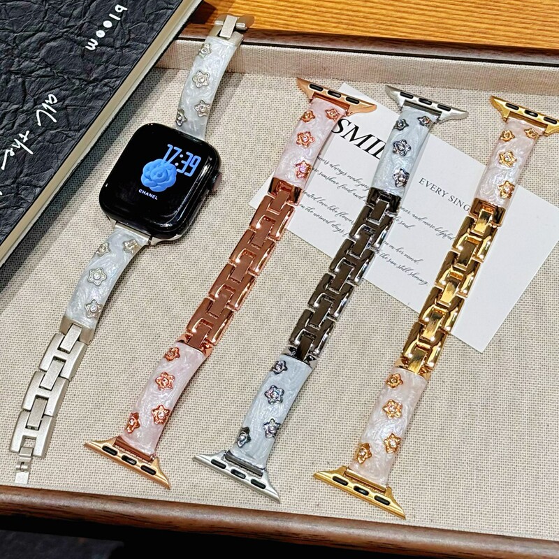 Suitable for S11 Apple Applewatch Watch S10Se Gilt Flower Glue Curved Bracelet iWatch Strap