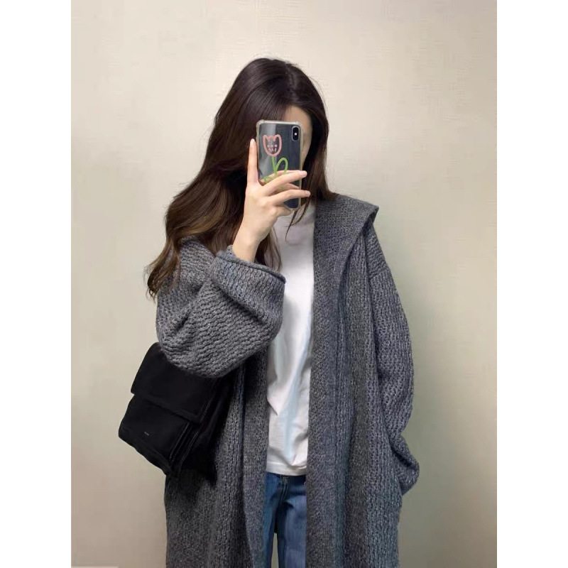 gris medio largo con capuzas con suéter chaqueta de otoño temprano temperamento coreano relajado sensación de cardigan de punto