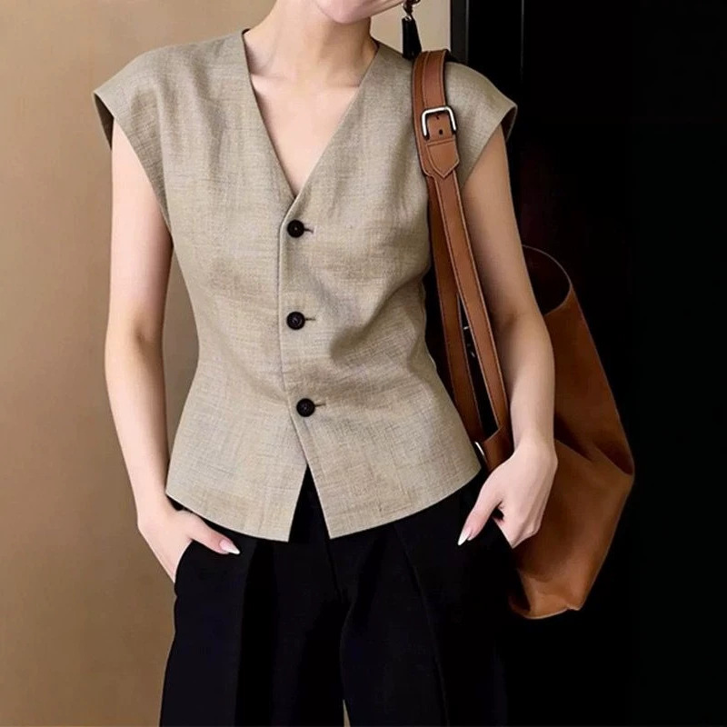 Áo vest gile nữ không tay công sở kiểu mới mùa xuân hè — màu kaki chi tiết 3