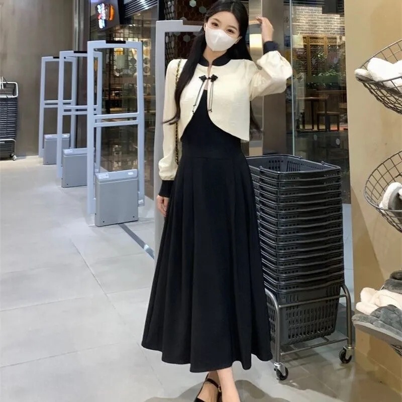 秋冬装新款新中式大码收腰连衣裙两件套中国风时尚百搭小黑裙套装|undefined
