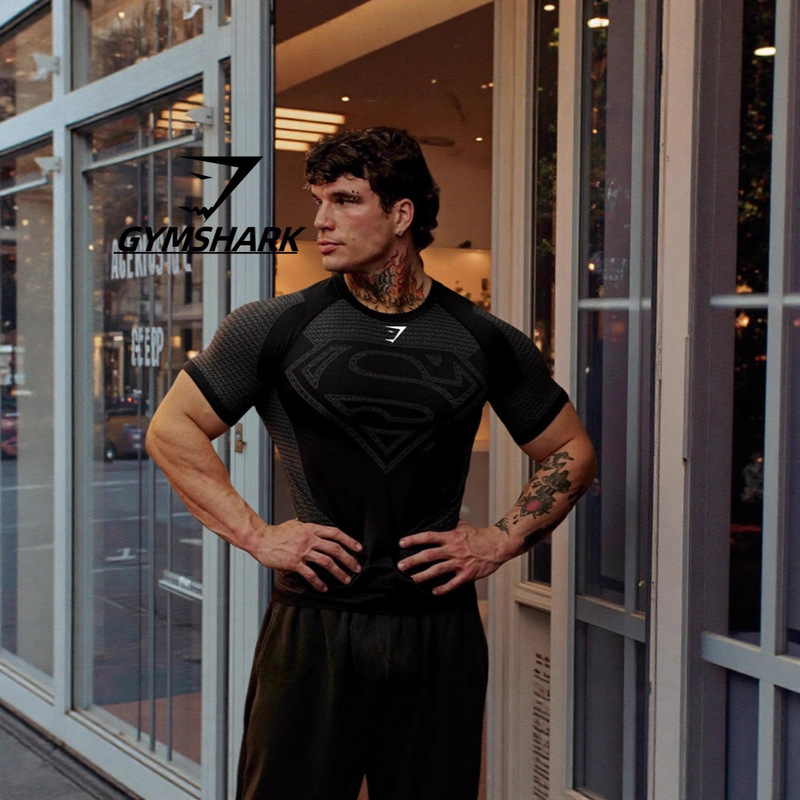 Gymshark Bodysuit Men's Training Sports Fitness T-Shirt Superman Joint Cycling Top Quick-Drying High Elastic T-Shirt