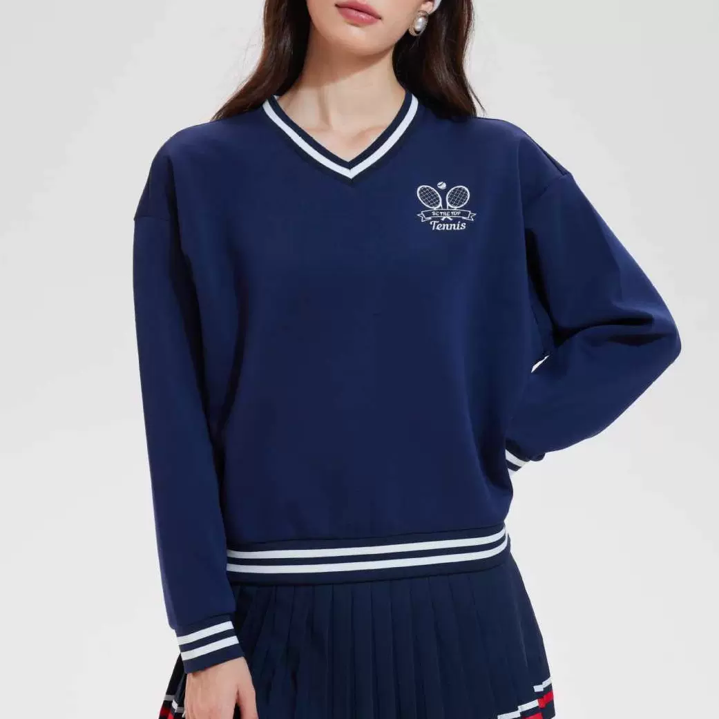 秋冬网球服女士运动T恤时尚慵懒风宽松长袖显瘦休闲上衣撞色卫衣