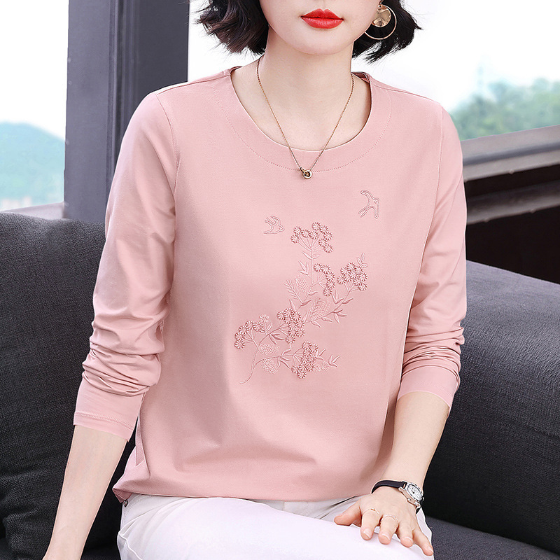 2026 New Style Women's Long Sleeve T-Shirt for Mothers, Simple Round Neck with Embroidery Design, Loose Fit, Slimming, Patchwork Top for Women